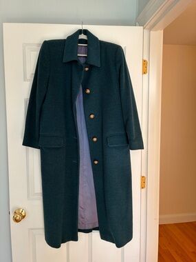 Cashmere Vintage Women's Dark Teal Wool Long Pea Coat with Gold Buttons